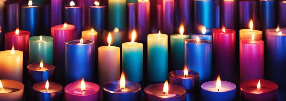 Bunte Kerzen, die nebeneinander stehen und leuchten.