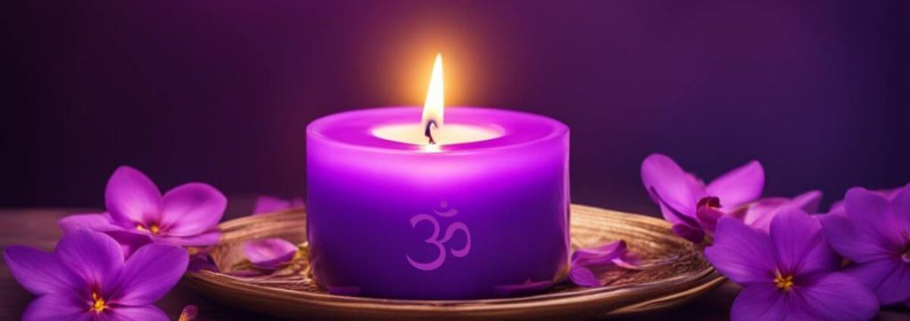 Violette Kerze mit einem Om-Zeichen.
